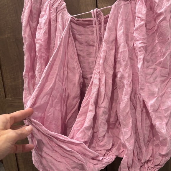 Free People Alicia Top Pink Crinkled Balloon Sleeves Open Tie Back Blouse - Picture 8 of 11